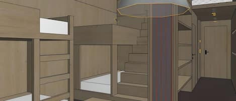 A room with wooden walls, a central staircase, a table, and a hanging lamp.