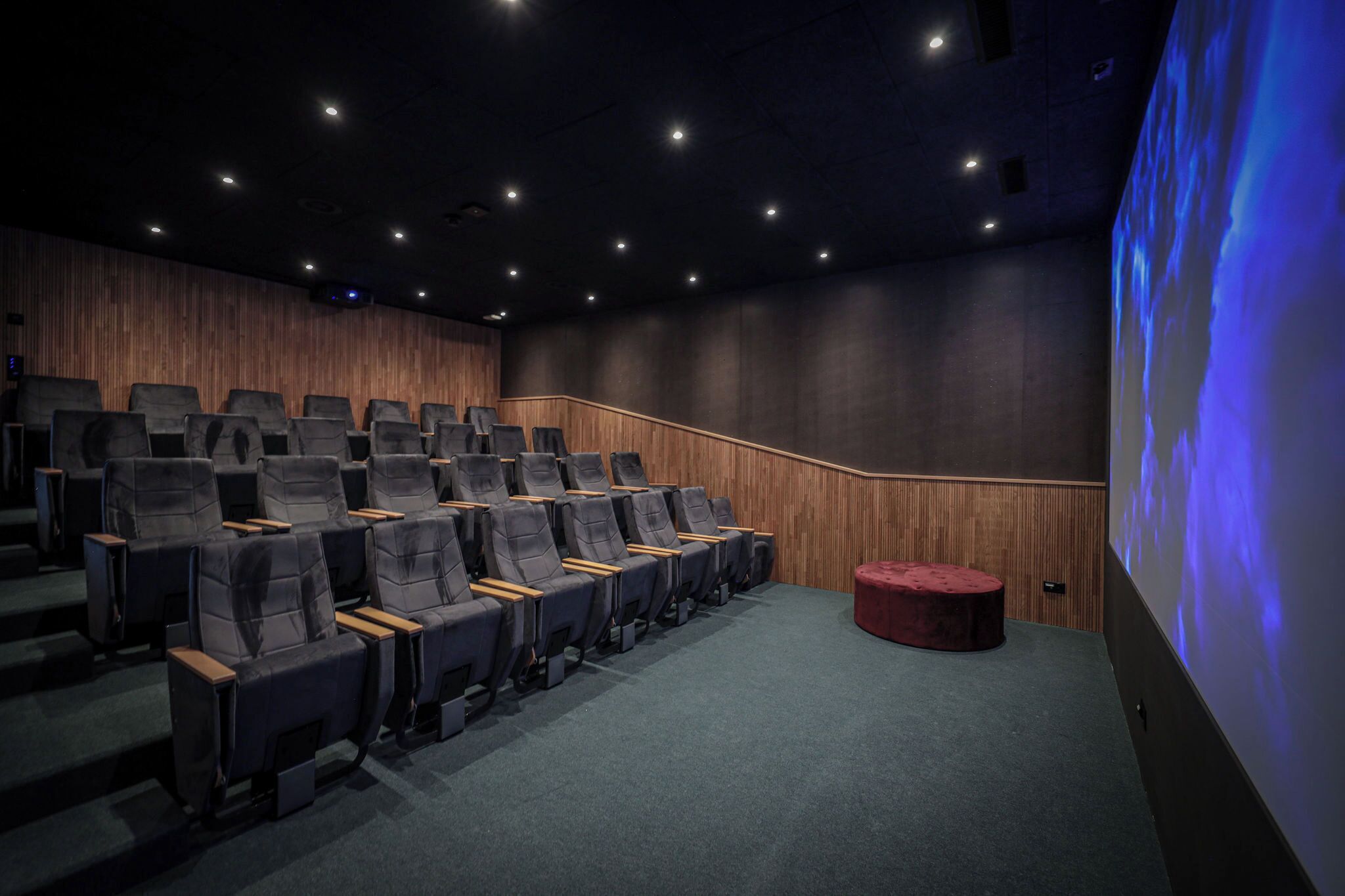 A theater with rows of seats, a wooden wall, and a large screen.