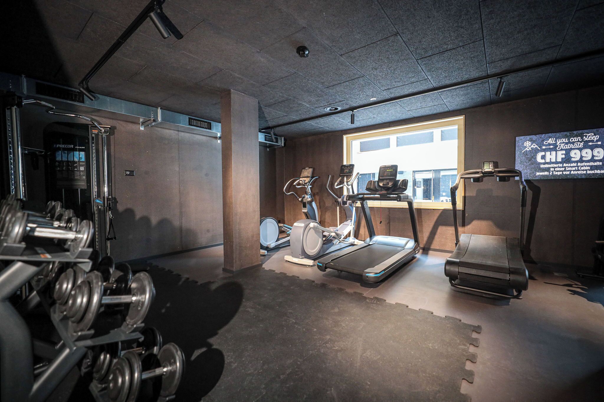 A gym with cardio equipment, dumbbells, and a window with a view.