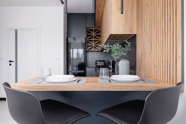 Apartment, 1 Bedroom, Balcony | Private kitchen | Fridge, microwave, oven, dishwasher - Elegant Apartment in Katowice by Renters (Katowice)