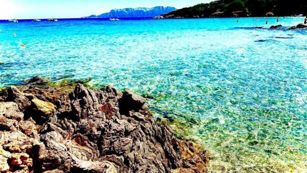 A rocky shoreline with clear blue water and distant mountains. - Holiday Home in Olbia Near Marinella Beach (Golfo Aranci)