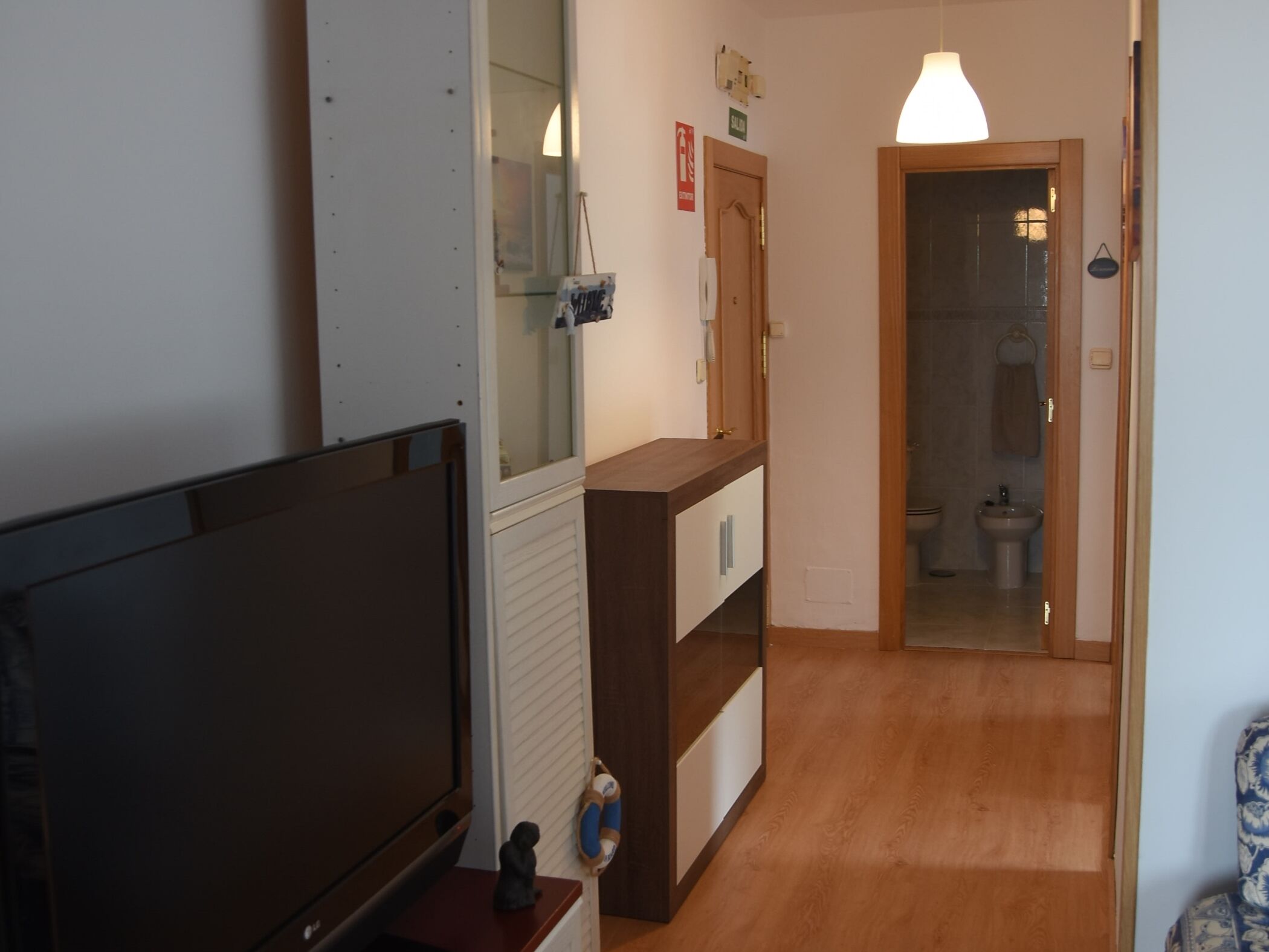 Un couloir avec un plancher en bois, un téléviseur posé sur un meuble, un miroir, une porte donnant sur une salle de bain et un luminaire au-dessus de la porte.