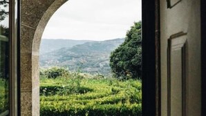 An arched doorway leading to a lush garden with a view of rolling hills. - Quinta De Guimaraes (Baiao)