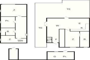 A floor plan with labeled rooms Z, Pr., B, TE, W, E, K, F, and G. - 5 Star Holiday Home in Kolding (Kolding)