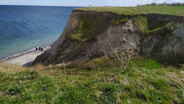 A coastal cliff with a grassy top and a beach at the base. - Farsighted Modern Retreat (Taarstedt)