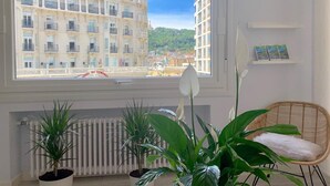A hotel room with a large window overlooking a building with balconies and a view of a green hillside. There are potted plants and a wicker chair with a white cushion. - NEW Gorgeous Central Apartment - Beachfront - 3 BD (SAN SEBASTIAN)
