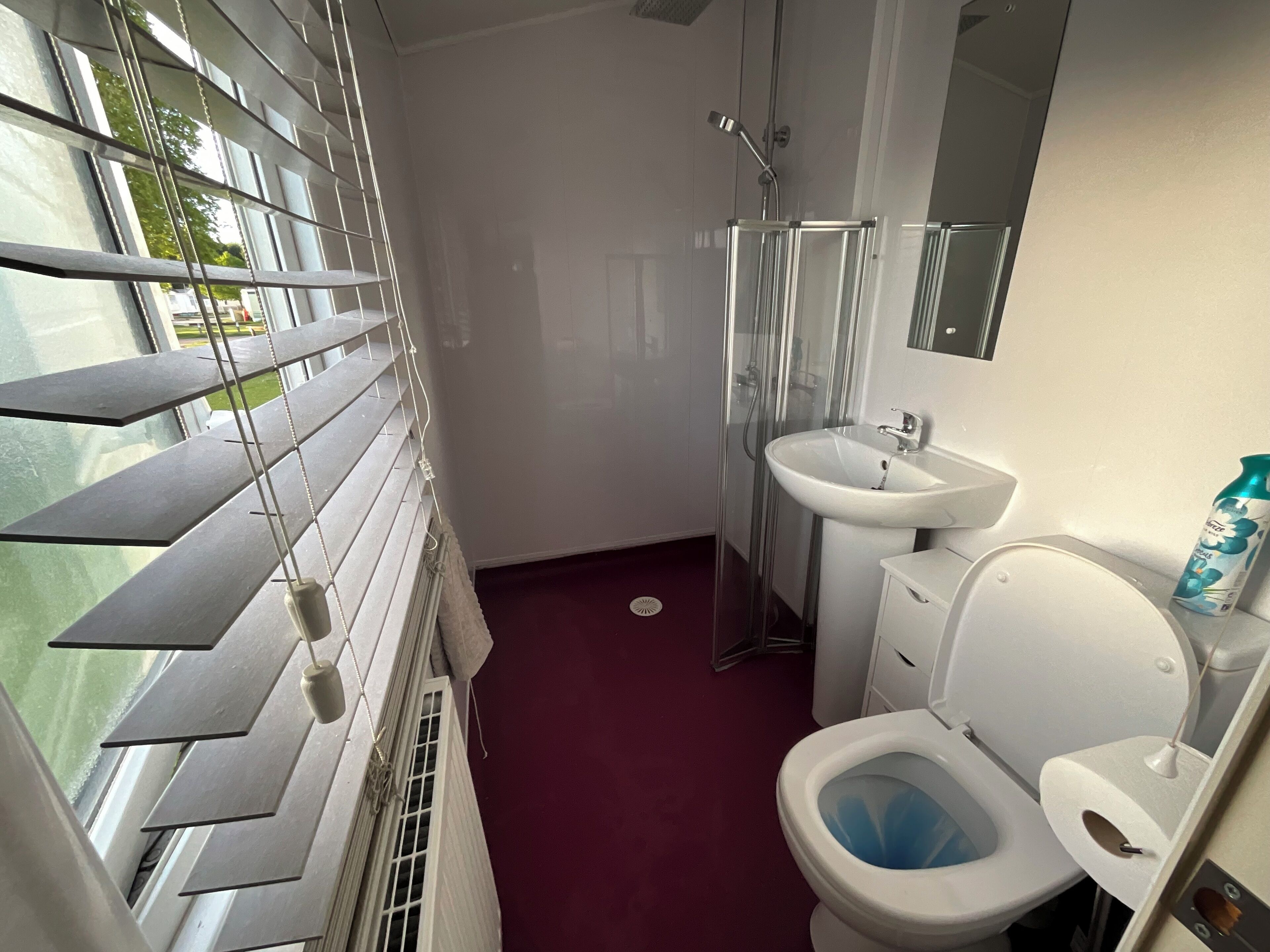 A bathroom with a toilet, sink, and shower.