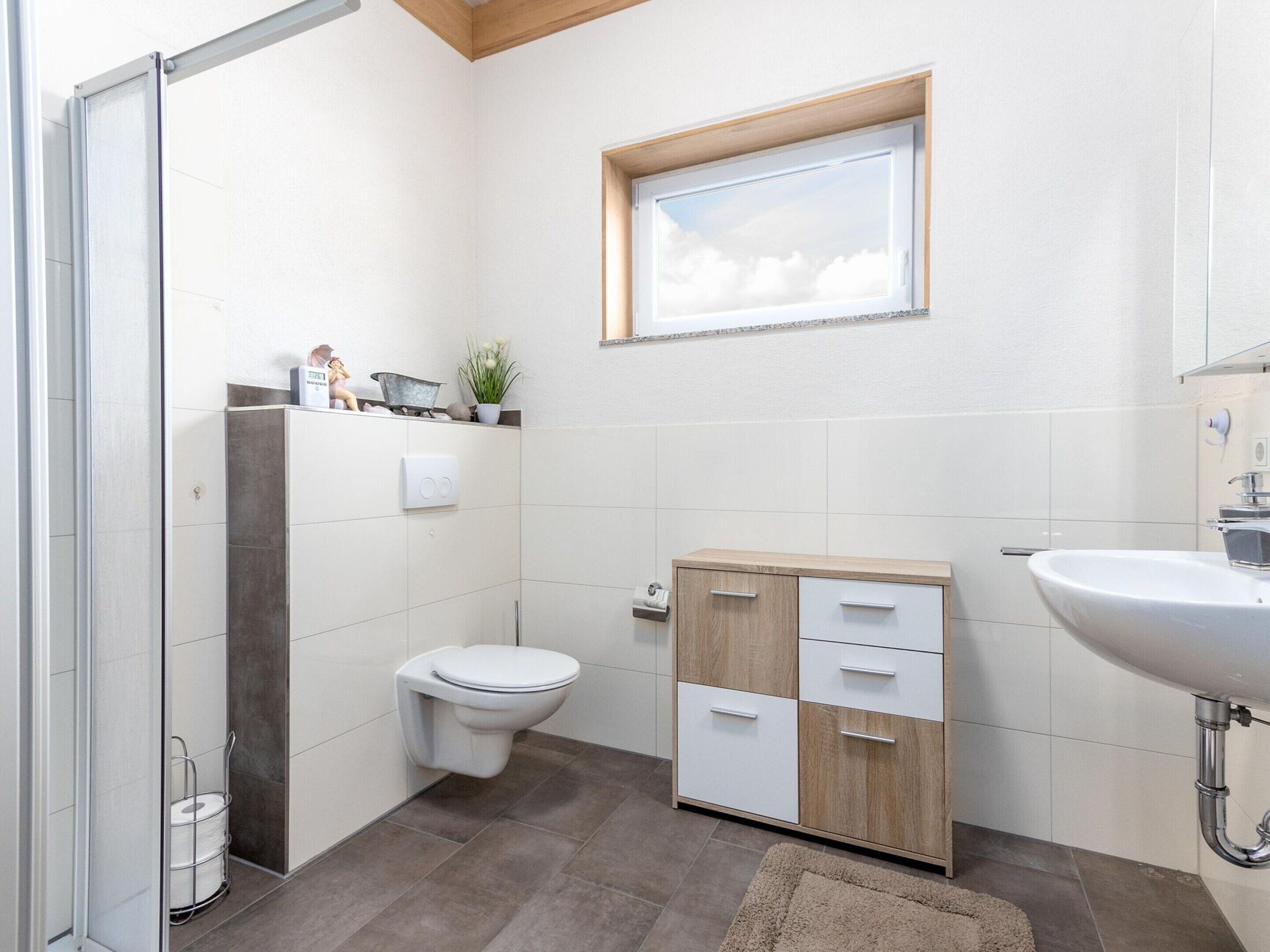 Un bagno moderno con servizi igienici, lavandino e zona doccia.