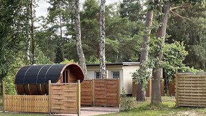 Une clôture en bois avec une structure en forme de tonneau, un petit bâtiment et un portail en bois.