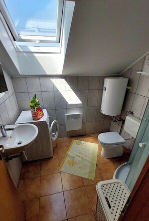 Shower, towels, soap, toilet paper