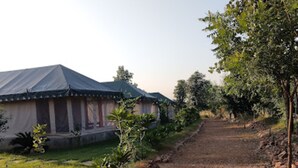 A pathway leading to a building with a covered porch and a garden area with small trees and shrubs. - Chokhiwadi Forest Retreat (Thanagazi)