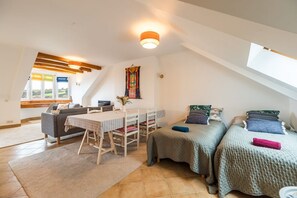 1 slaapkamer, een bureau, een strijkplank/strijkijzer, internet