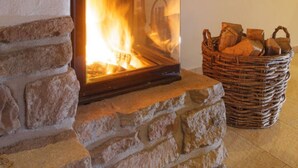 A fireplace with a stone surround, a wooden mantel with framed pictures, and a buffalo skull on the wall. - Brocken Chalet No. 19 (Ilsenburg)