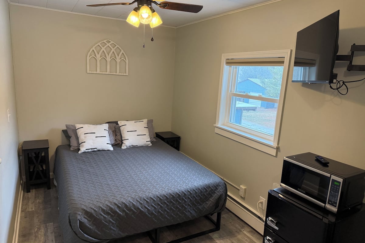 A bedroom with a bed, a ceiling fan, a window, a TV, and a microwave.