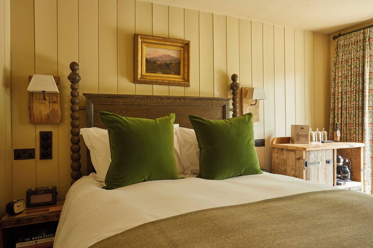 A hotel room with a wooden headboard, green pillows, a framed picture on the wall, a bedside table with a lamp, and a small cabinet with kitchen items.
