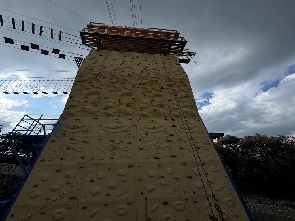 A rock climbing wall with various holds and a wooden platform at the top.
