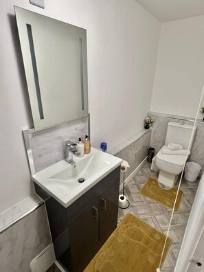 Shower, hair dryer, towels, soap