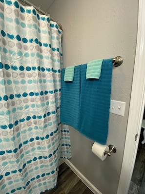 Hair dryer, towels, soap, shampoo