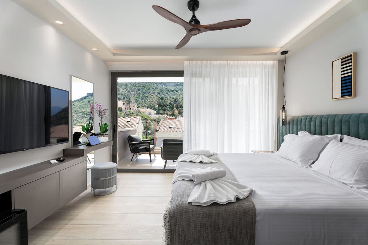 A modern hotel room with a large bed, a flat-screen TV, a ceiling fan, and a view of the outdoors.