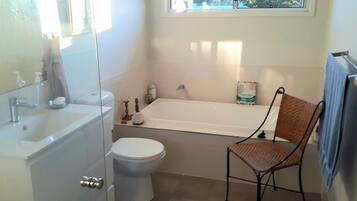 Hair dryer, towels, soap, toilet paper