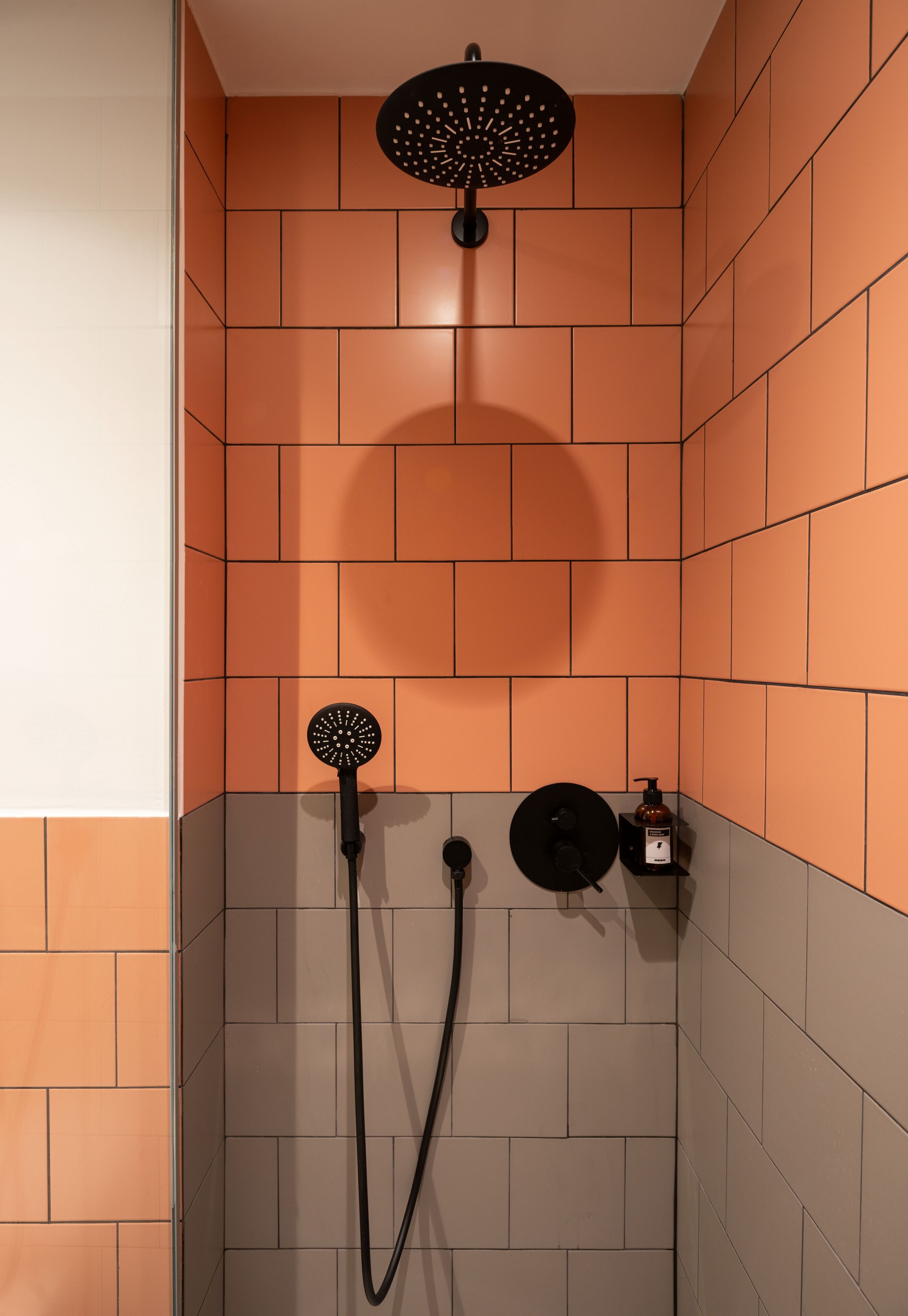 Une douche dotée d’un pommeau de douche circulaire et d’un pommeau de douche à main, ainsi qu’un distributeur de savon et un porte-serviettes.