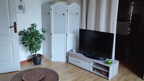 A living room with a flat-screen TV, a potted plant, a cabinet, and a wooden floor.