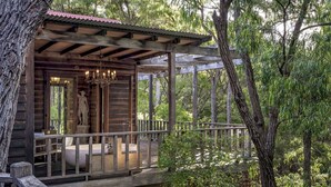 A wooden cabin with a balcony, surrounded by trees.