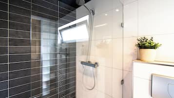 Shower, hair dryer, towels, toilet paper