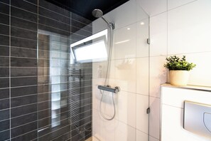 Douche, séchoir à cheveux, serviettes fournies, papier de toilette