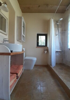 A bathroom with a white sink, toilet, and shower. - Holiday Home Landlust (Mirow)
