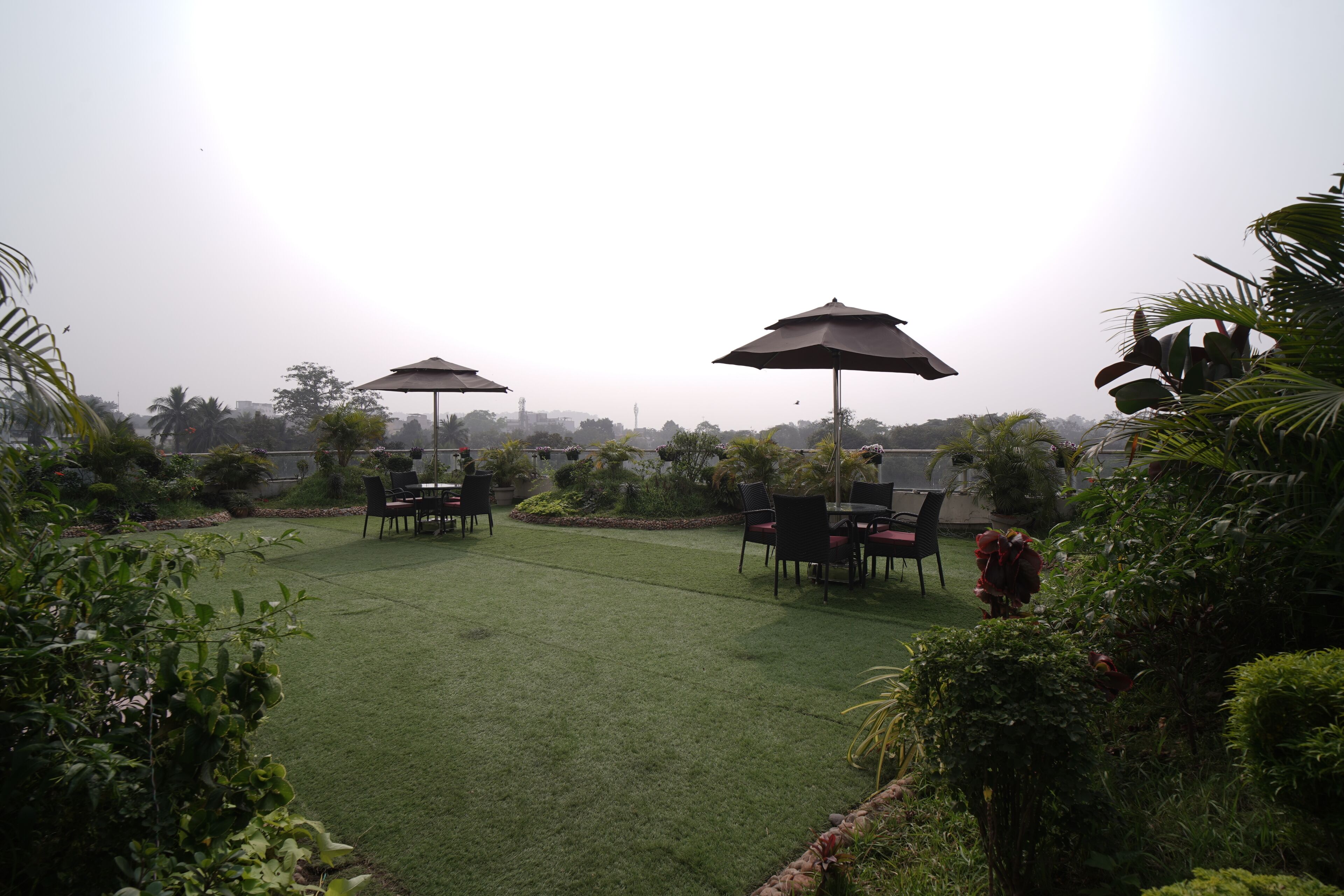 An outdoor patio area with a lawn, chairs, and umbrellas.