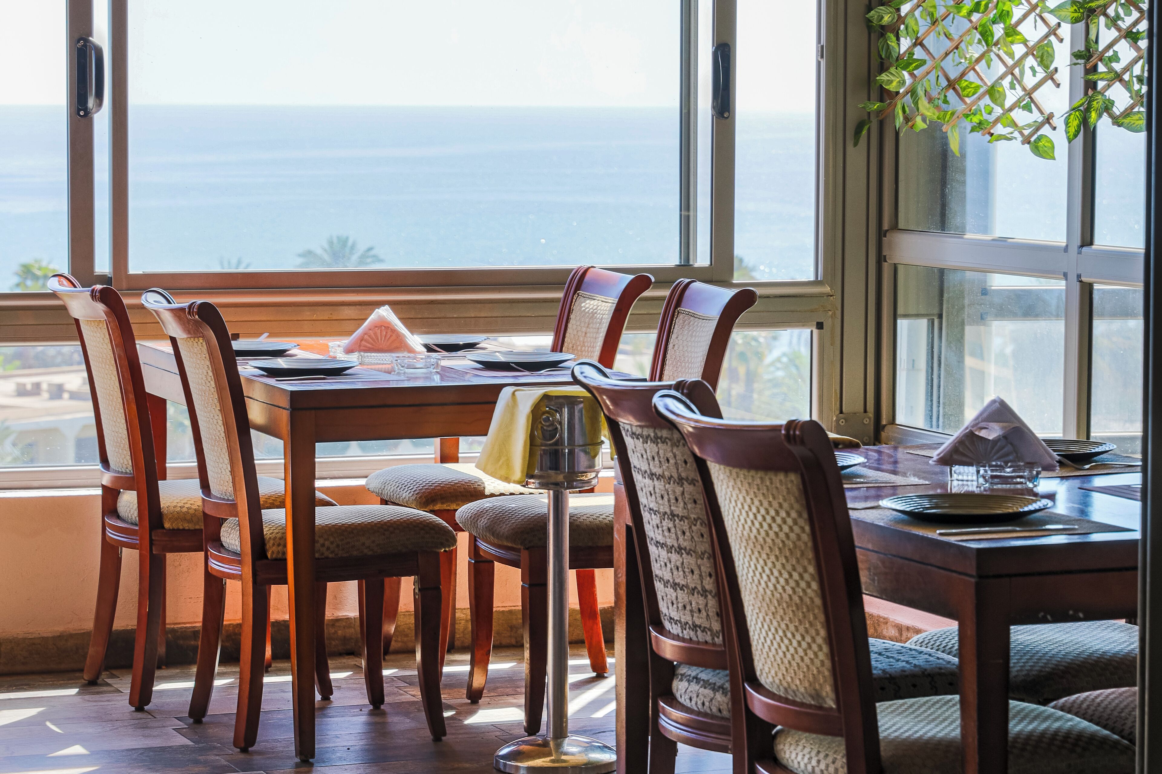 A dining area with a table and chairs, a view of the ocean, and a window with a plant.