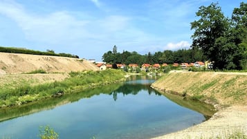 Escena apacible junto al río, con una superficie acuática tranquila que refleja el cielo, rodeada de campos verdes y una hilera de casas con tejados rojos.
