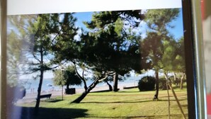 A smartphone displaying a photo of a park with trees and a bench. - Le Moulleau Ctre, Front de Mer, Studio 2 Personnes Avec Terrasse (Arcachon)