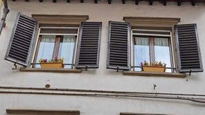 A building with two windows with shutters, each with a flower box. - Guelfa56: delightful apartment with air conditioning in the center (Firenze)