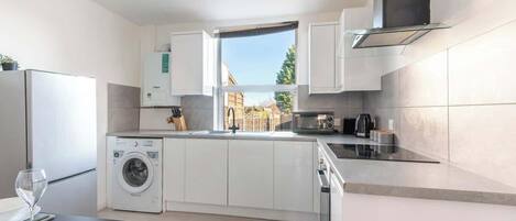 Fridge, microwave, oven, toaster