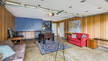 Smart TV, fireplace, video games, foosball