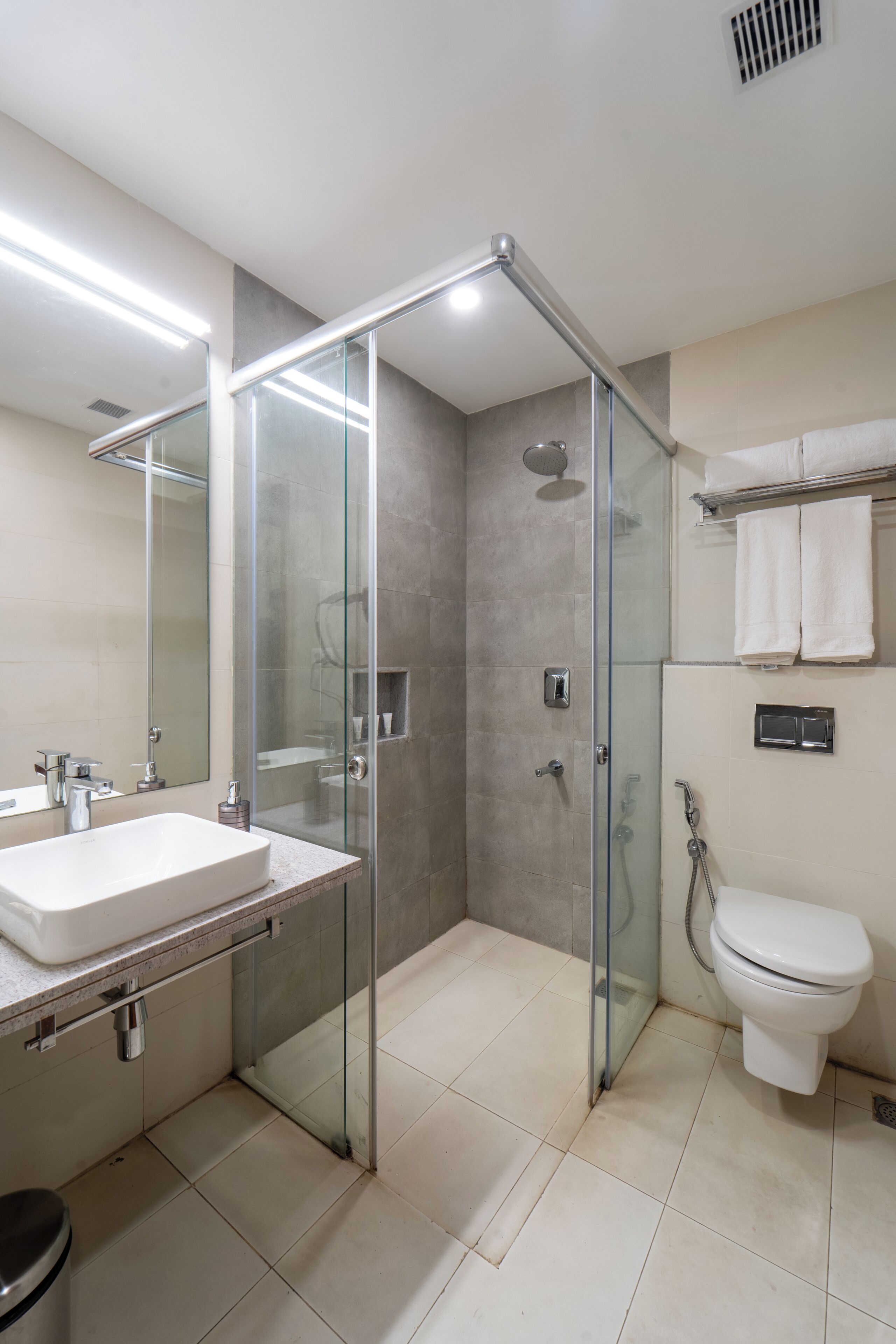 Shower, free toiletries, hair dryer, towels
