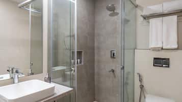 Shower, free toiletries, hair dryer, towels