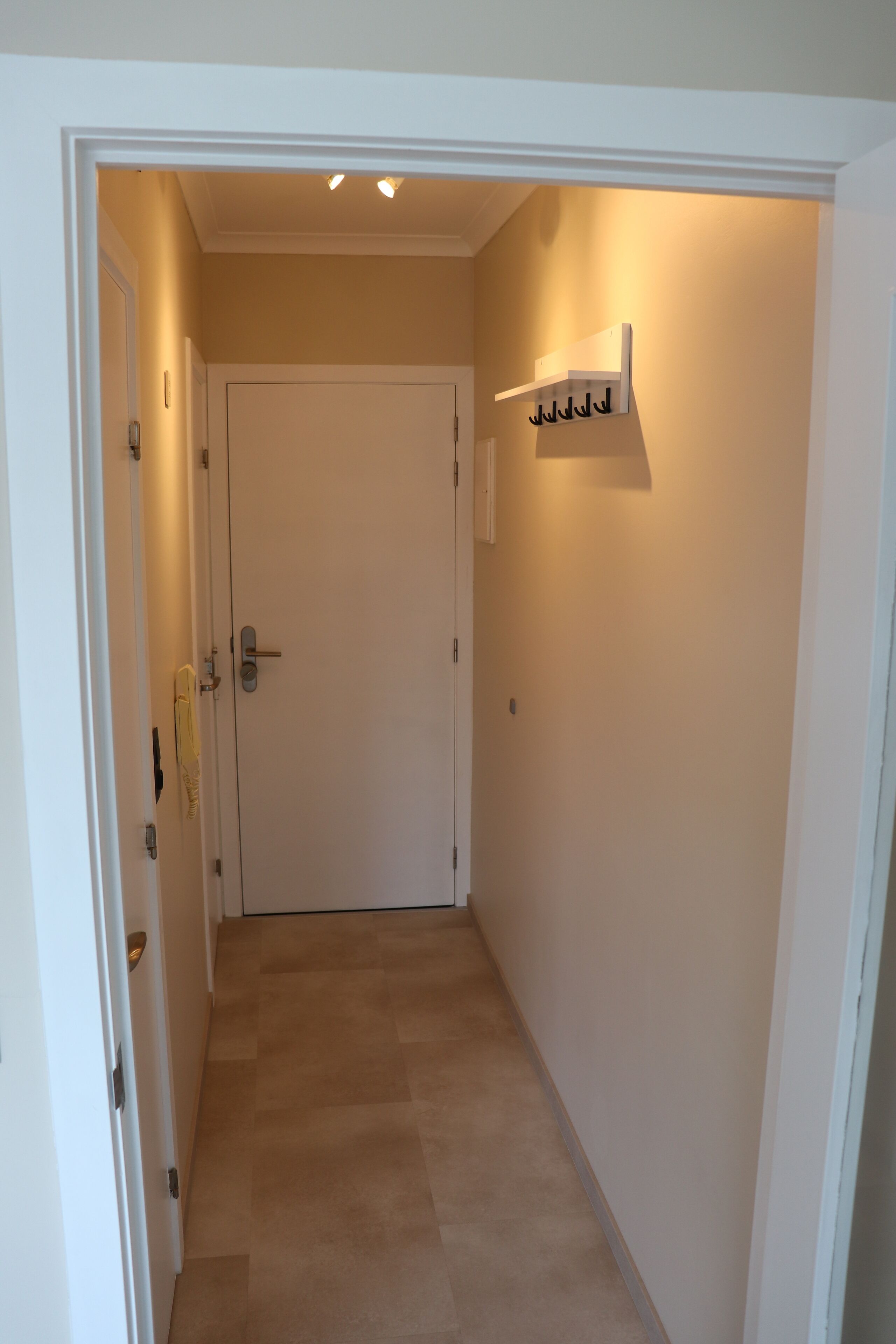 Un pasillo estrecho con una puerta cerrada al final, un perchero en la pared derecha y una lámpara sobre la puerta.