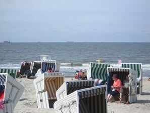 Beach huts with striped awnings, a sandy beach, and the ocean in the background.