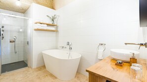 Hair dryer, towels, soap, shampoo