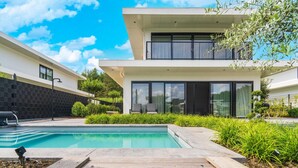 A modern two-story house with a swimming pool, a wooden deck, and a well-maintained garden. - Beautiful Water Villa Near Harderwijk (Zeewolde)
