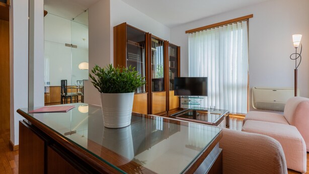 A modern living room with a glass coffee table, a potted plant, a flat-screen TV, and a sofa. - Villetta con Giardino Allo Stadio by Wonderful Italy (Turin)