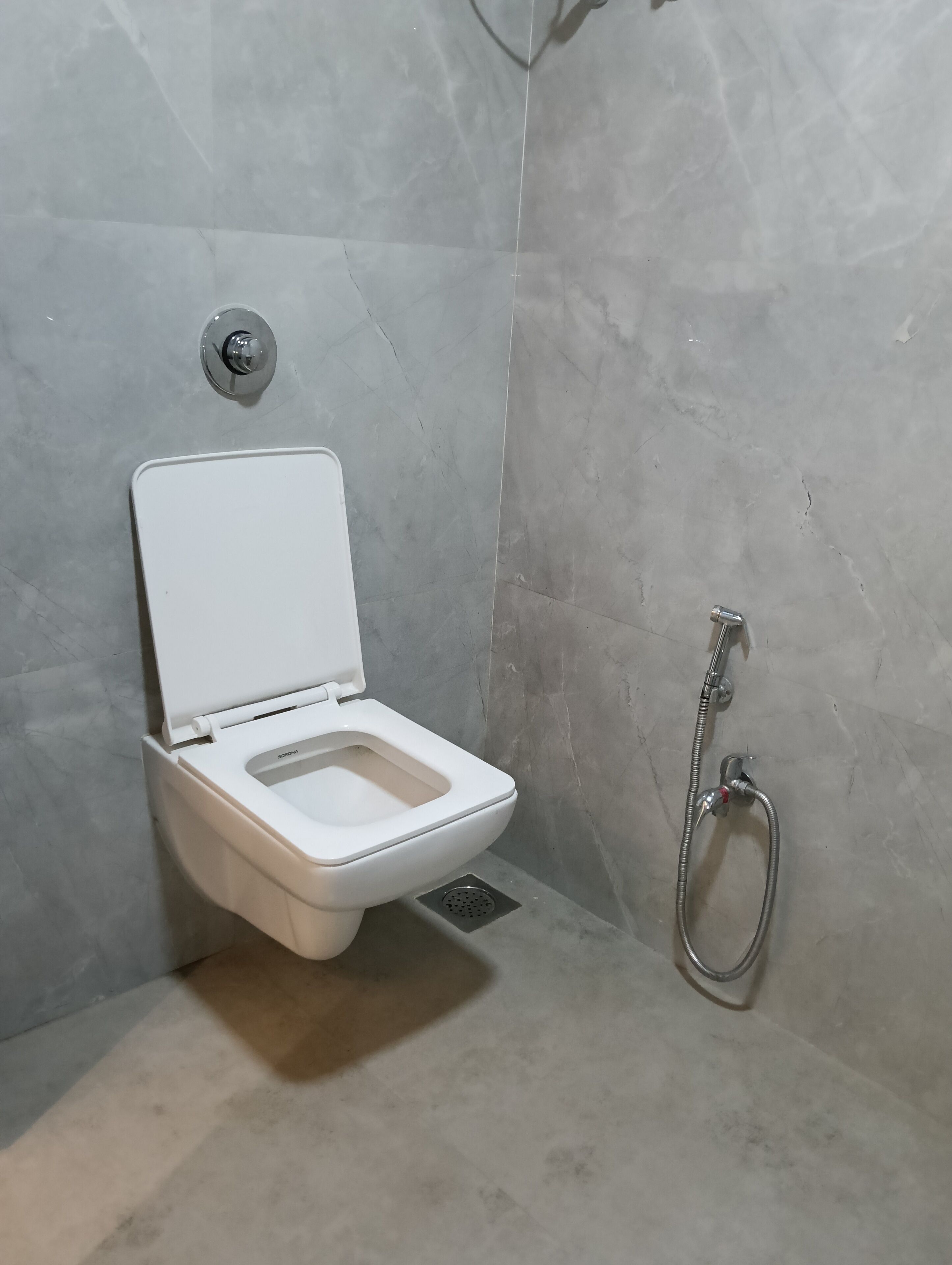 A modern bathroom with a toilet, a shower, and a wall-mounted faucet.