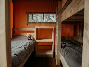 Cozy cabin-style room with a bunk bed and single bed, featuring a wooden shelf for storage and a window with a view of the surrounding trees.