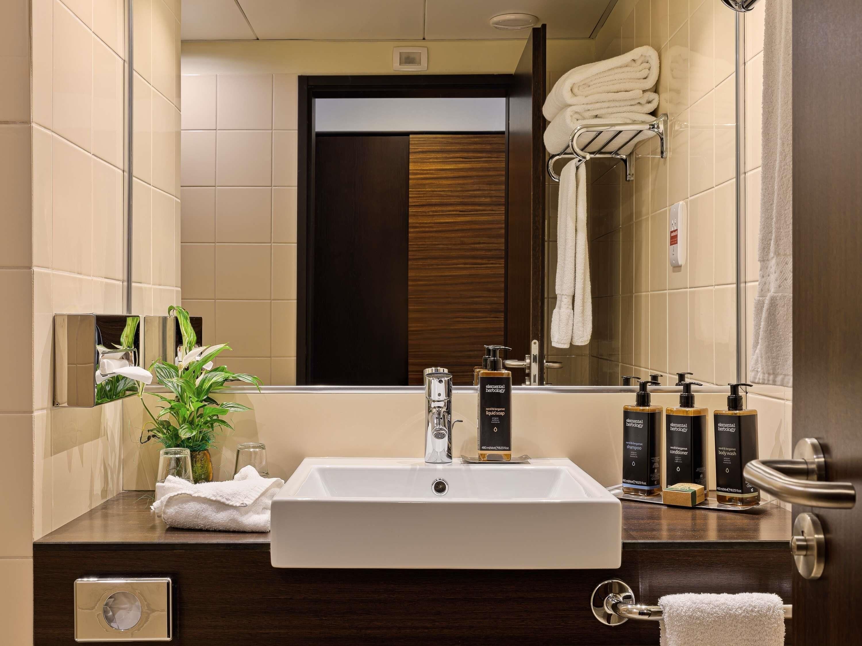 Une salle de bain moderne avec un grand lavabo, un miroir et des articles de toilette.