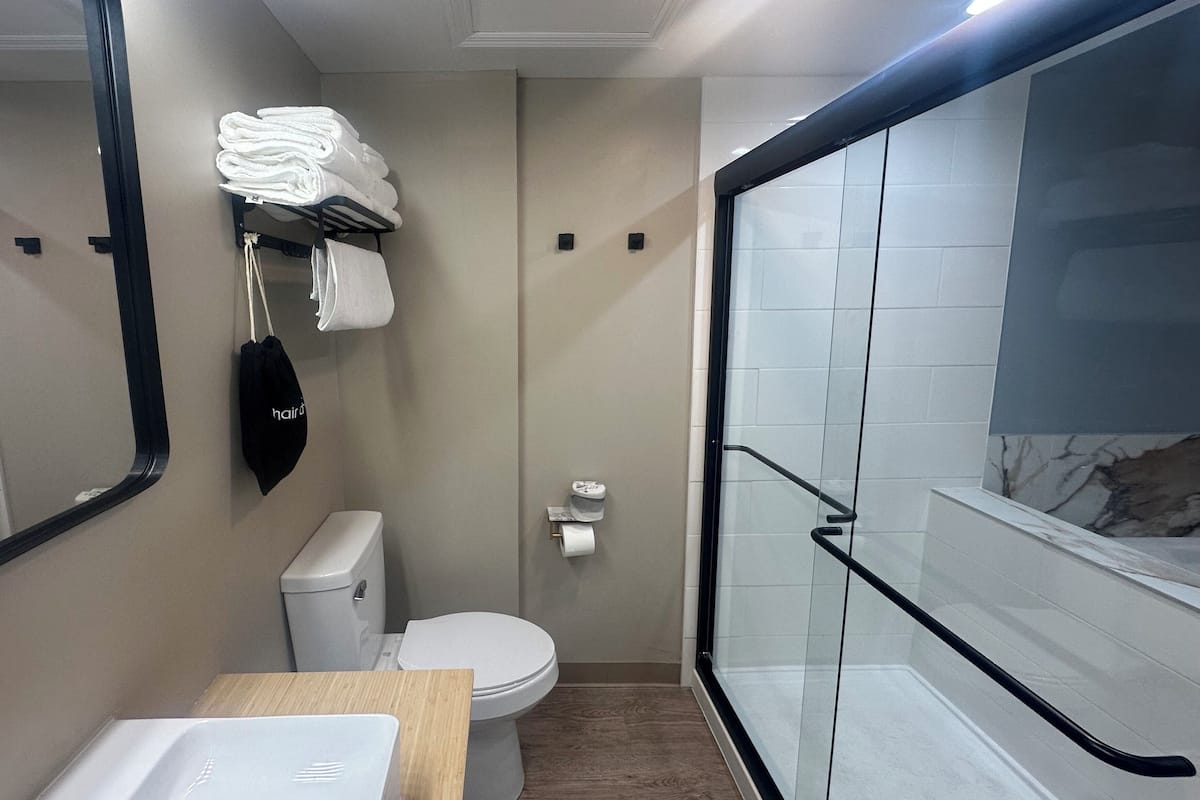 Shower, hydromassage showerhead, free toiletries, hair dryer