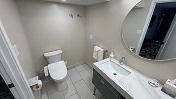 A modern bathroom with a toilet, sink, and mirror.