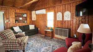 L’intérieur chaleureux d’un chalet avec des murs en bois, un ventilateur de plafond, une cheminée et un grand tapis.